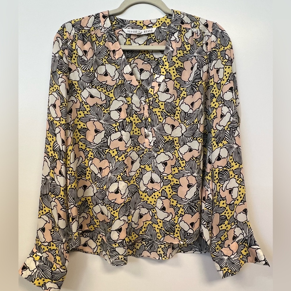 Veronica Beard Beachside Yellow and Black 100% Silk Floral Blouse